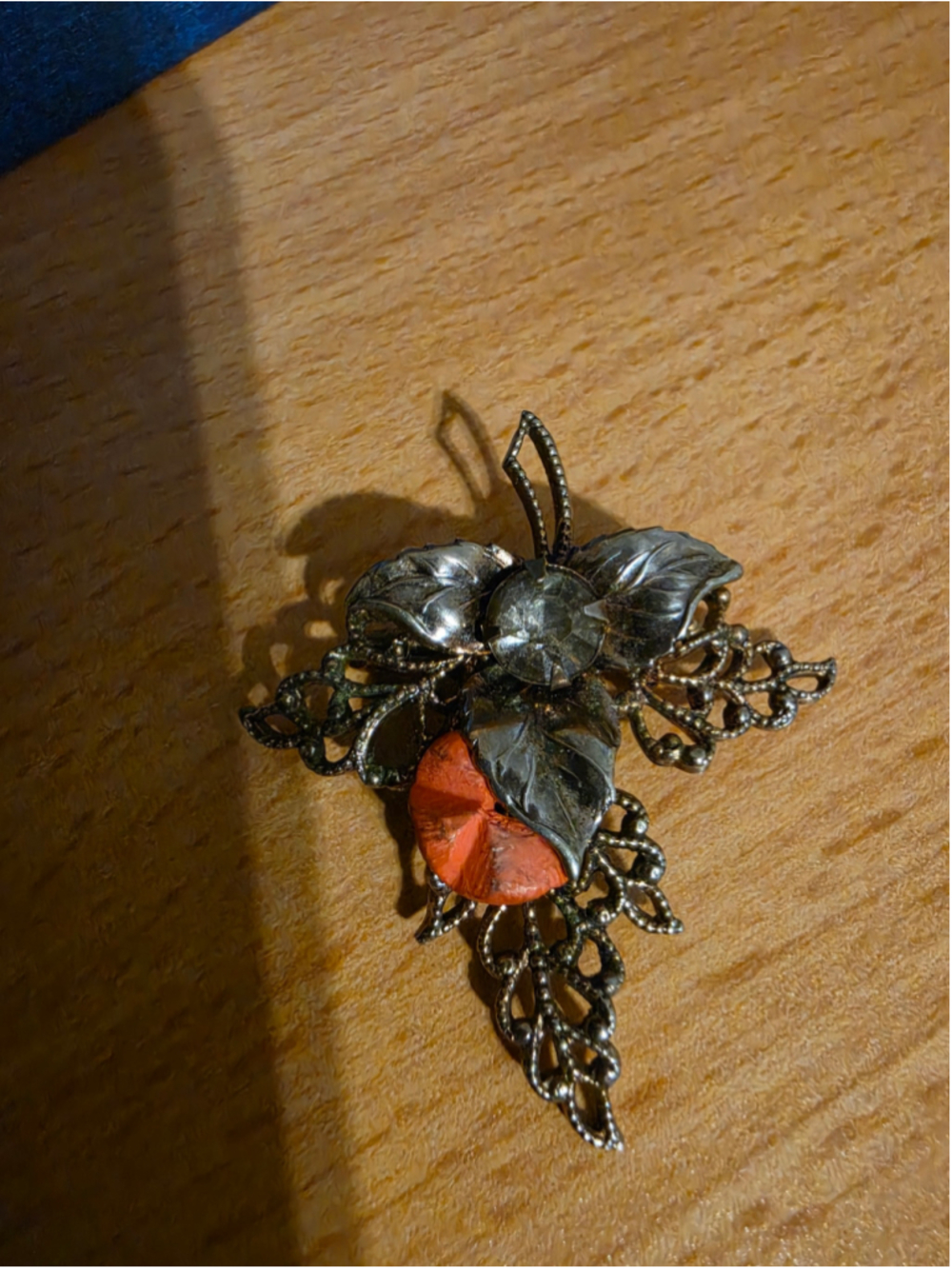 Vintage Silver Tone Floral Brooch Orange Rose Smoky Rhinestone Filigree Pin